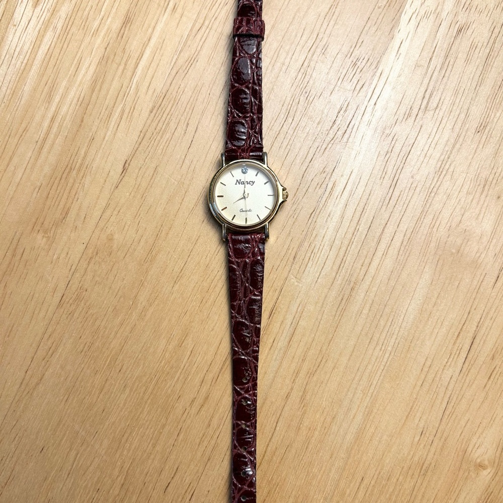 Nancy Women’s Watch Maroon Leather Textured Band Rhinestone NEEDS BATTERY VTG‎